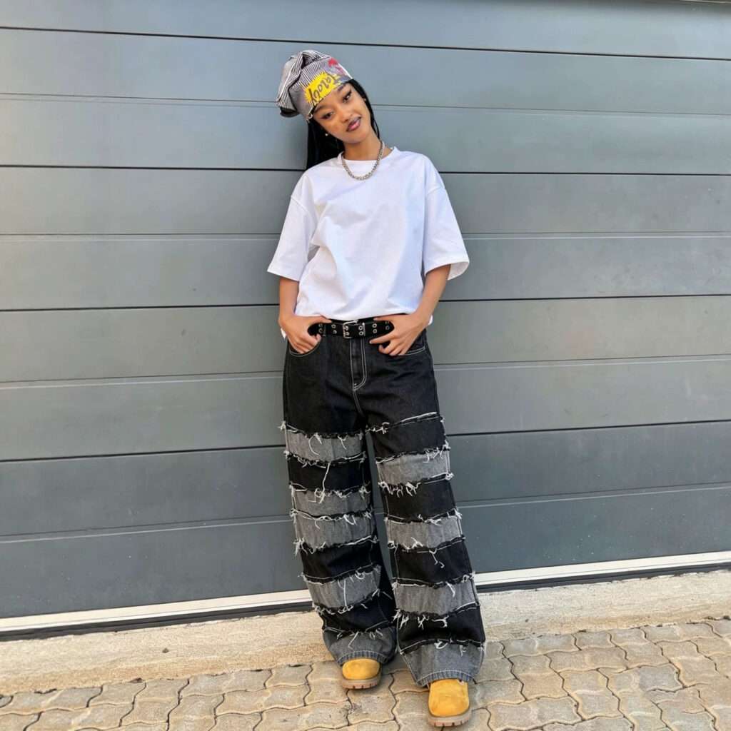 Reconstructed Black and Gray Patchwork Raw Hem Denim Pants