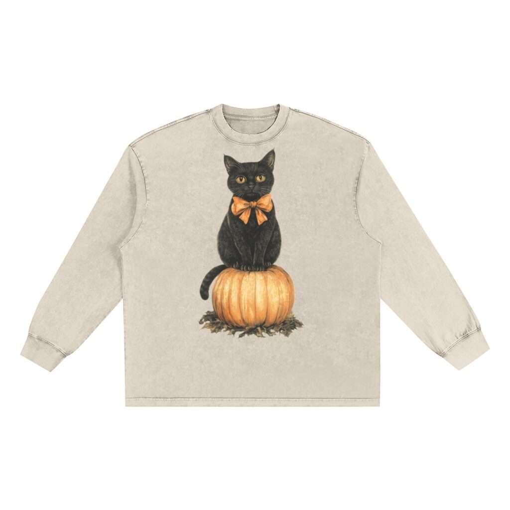 Matter of factual Kitty Crew Neck Long Sleeve Tee. Snow washed